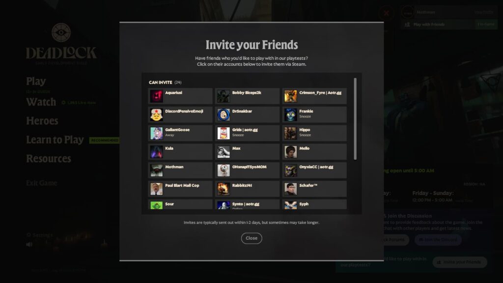 The section to invite your friends in the Deadlock playtest.
