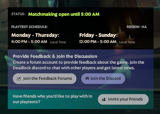 The invite and information section in the Deadlock playtest.