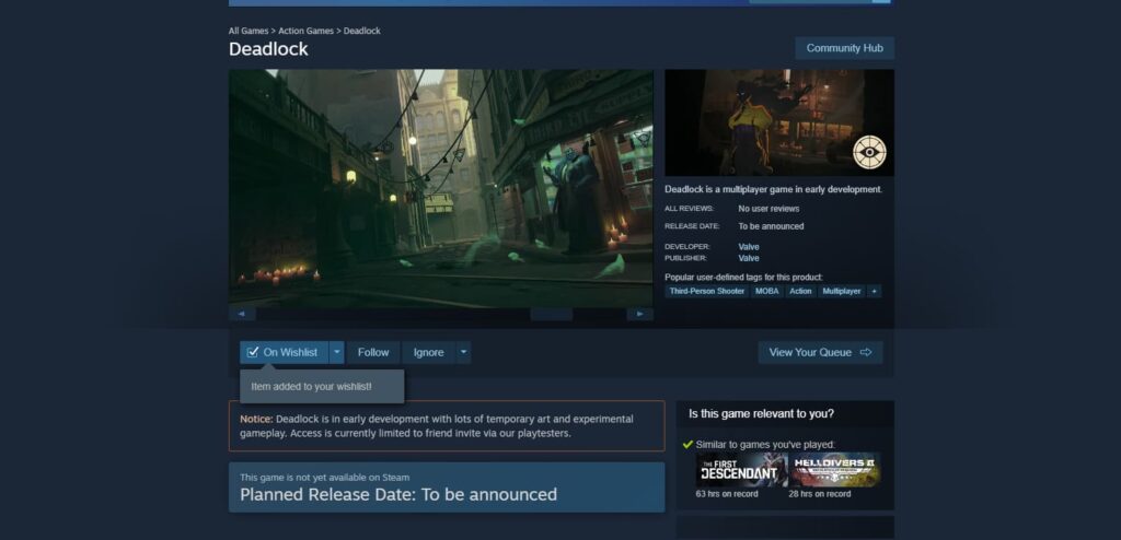 The Deadlock Steam page after Valve officially announced the game.
