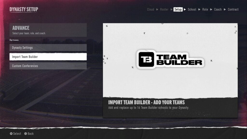 Selecting to import a Team Builder team in CFB 25 Dynasty.
