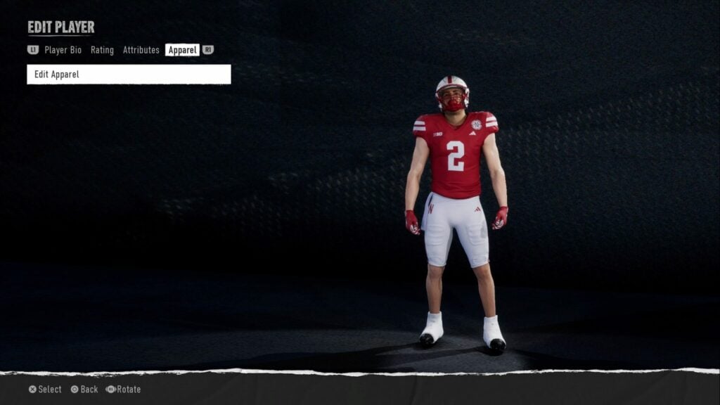 The edit apparel option for a player in College Football 25.
