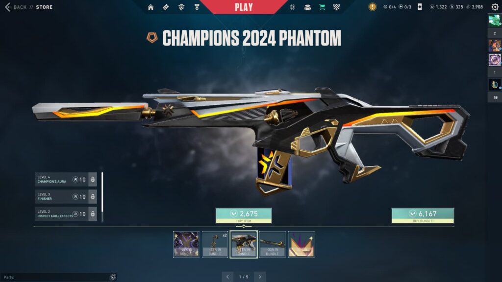 The Champions 2024 Phantom with upgrades available through Radianite in VALORANT.