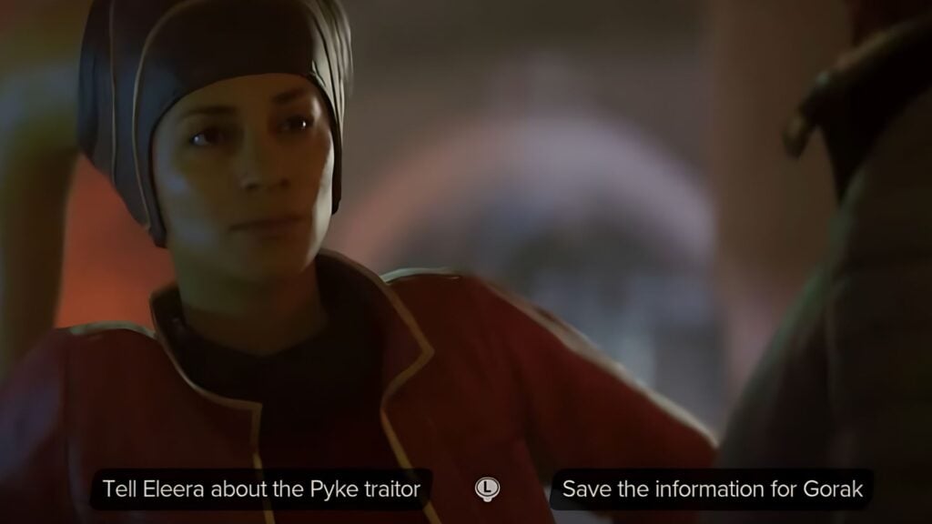 The option to tell Eleera about the Pyke traitor or keep the info for Gorak in Star Wars Outlaws.