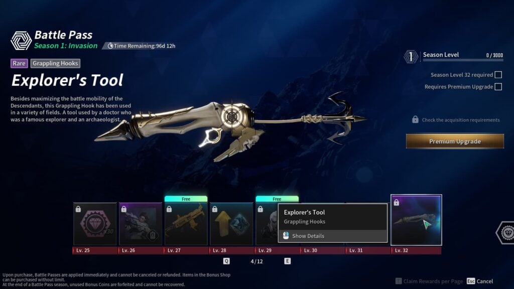 The Explorer's Tool Grappling Hook from The First Descendant Season 1 Battle Pass.