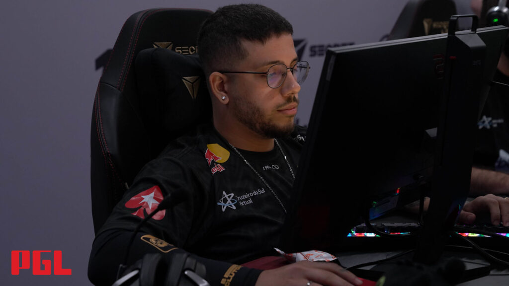 KSCERATO focused during the PGL Copenhagen Major RMR in 2024. He's a white male from Brazil and is wearing FURIA's black CS2 jersey.