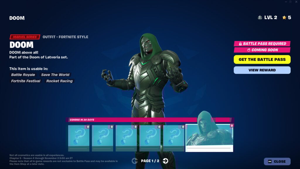 Doctor Doom skin displayed in Fortnite's Battle Pass Chapter 5 Season 4.