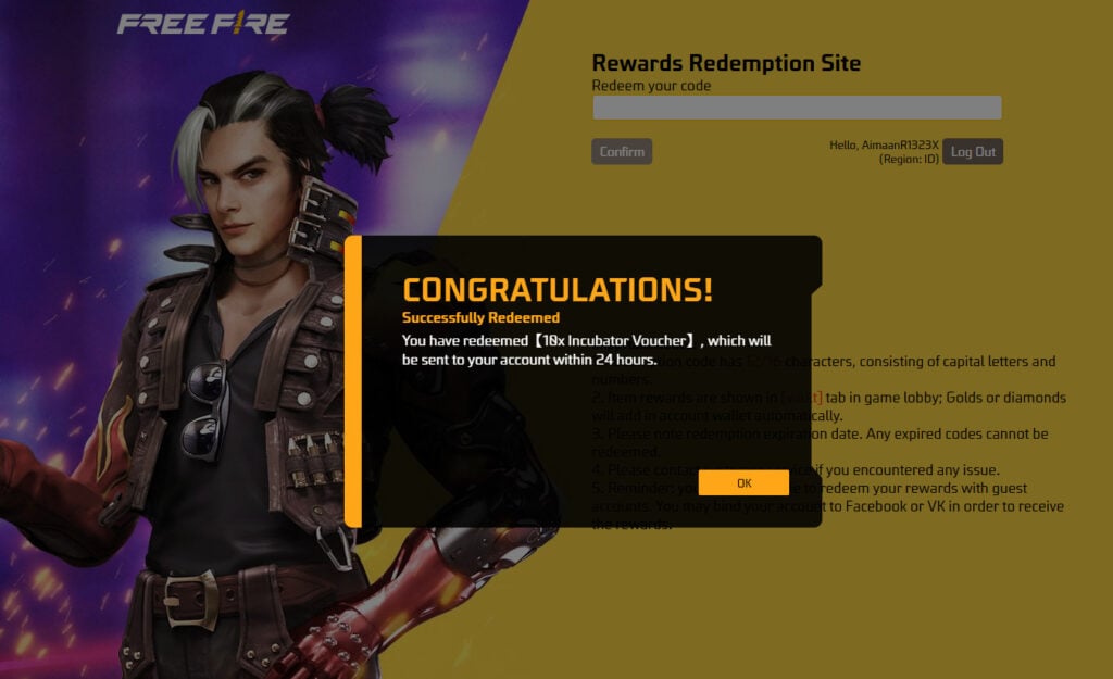 Free Fire redeem code August 2024