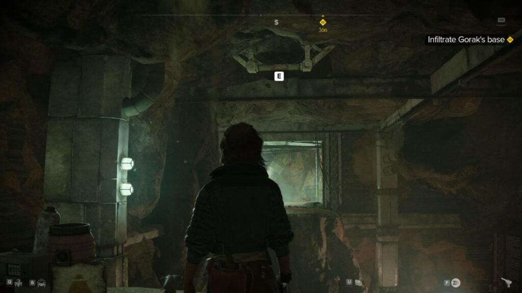 Kay Vess looks to grapple across a gap to infiltrate Gorak's Base in Star Wars Outlaws.