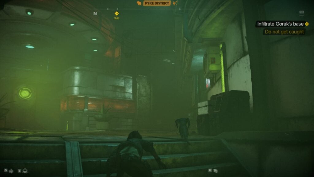 Kay Vess goes up some stairs to infiltrate Gorak's Base in Star Wars Outlaws.