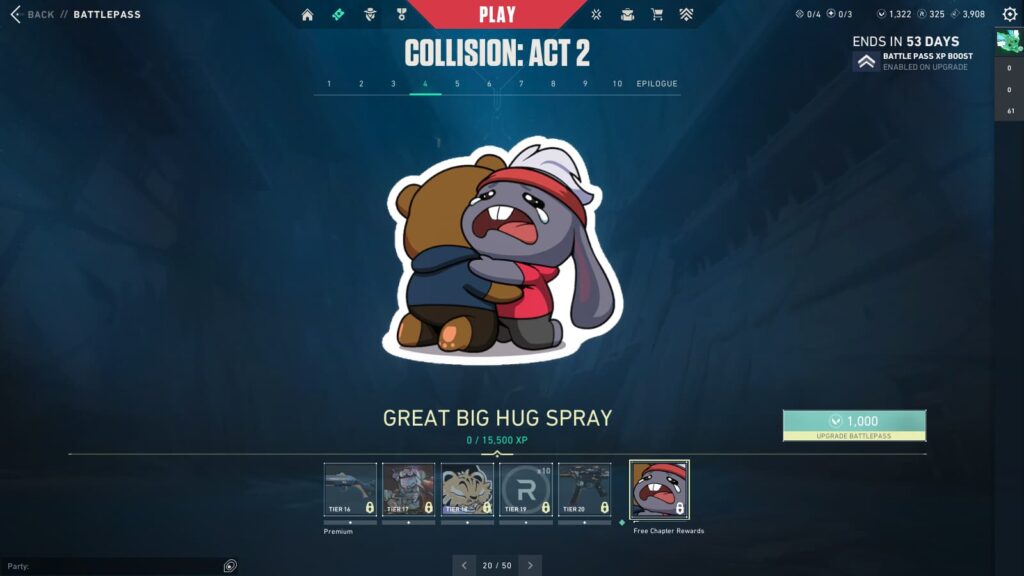 The Great Big Hug Spray (Free) in the VALORANT Episode 9 Act 2 Battle Pass.