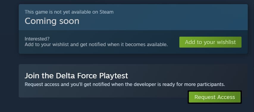 The Request Access button to earn a key on Steam for the Delta Force: Hawk Ops test.