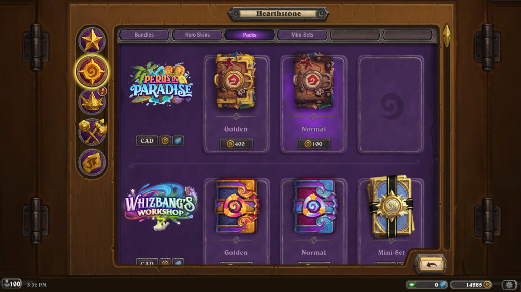 A regular card pack costs 100 gold