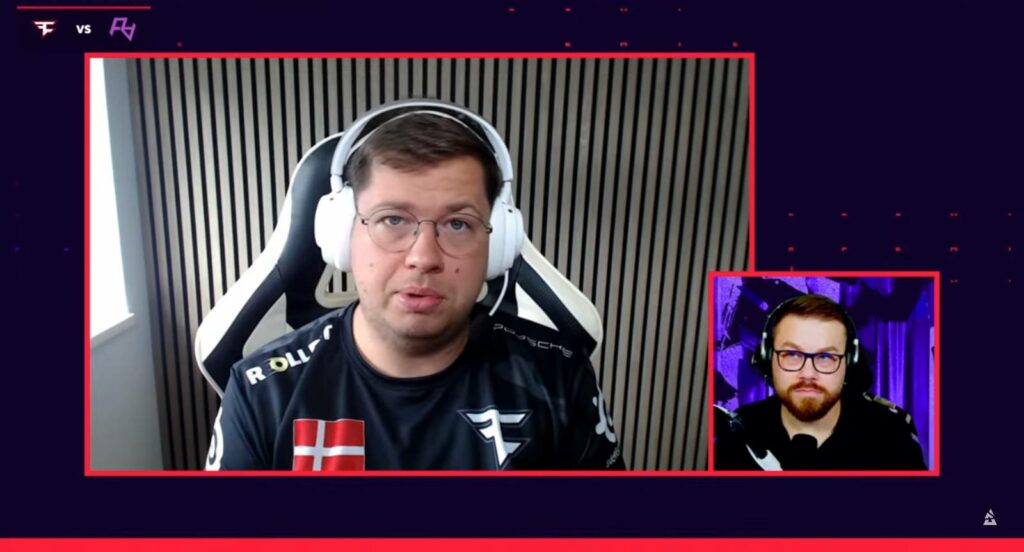 A screenshot from a stream of the esports tournament CS2 BLAST Premier Fall Showdown 2024 — James Banks interviews karrigan, a FaZe Clan player