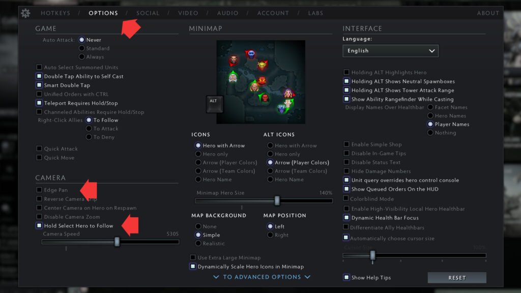 Step 2 to lock your camera in Dota 2 by holding a key: Untick the "Edge pan" option, and tick the "Hold Select hero to follow" one 