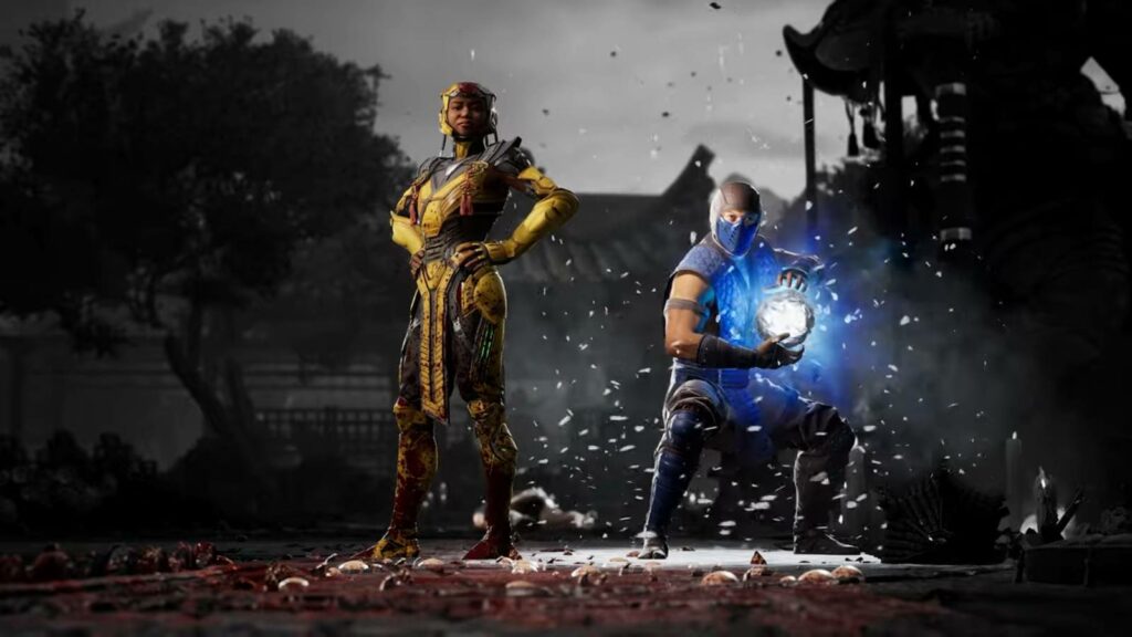 Two MK1 characters, Cyrax and Sub-Zero after winning a Mortal Kombat 1 match with Fatality