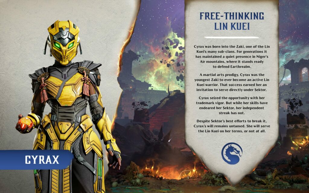 A poster for the Mortal Kombat 1 character Cyrax, featuring her story