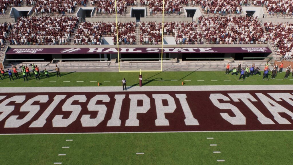 The Mississippi State endzone, a team that received a playbook expansion in the College Football 25 title update.
