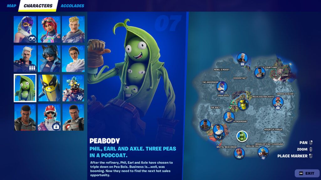 Peabody menu screen Fortnite