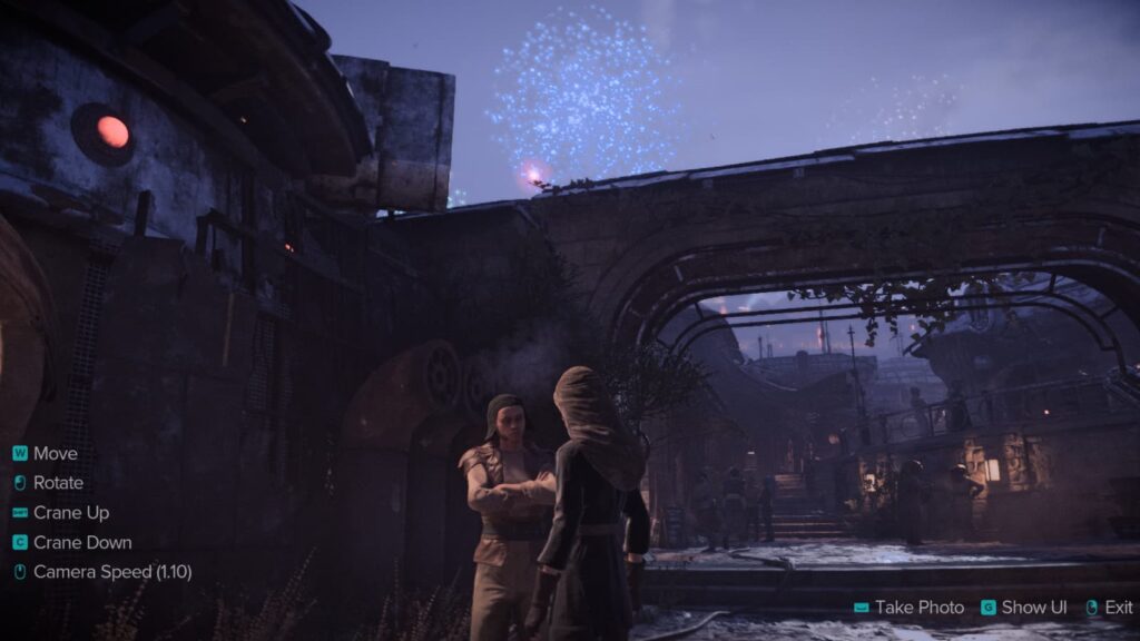 A photo taken of two civilians talking.