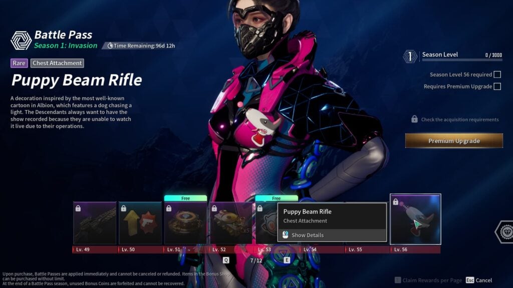 The Puppy Beam Rifle Chest Attachment from The First Descendant Season 1 Battle Pass.