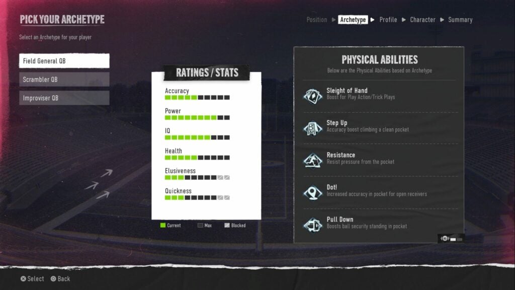 The available QB archetypes.