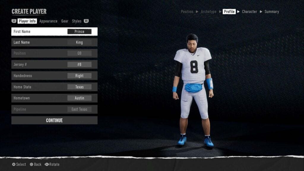 The information section of the create a player area in College Football 25's Road to Glory.