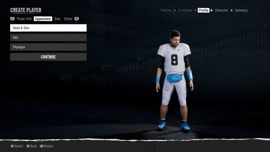 The appearance section of the create a player area in College Football 25's Road to Glory.