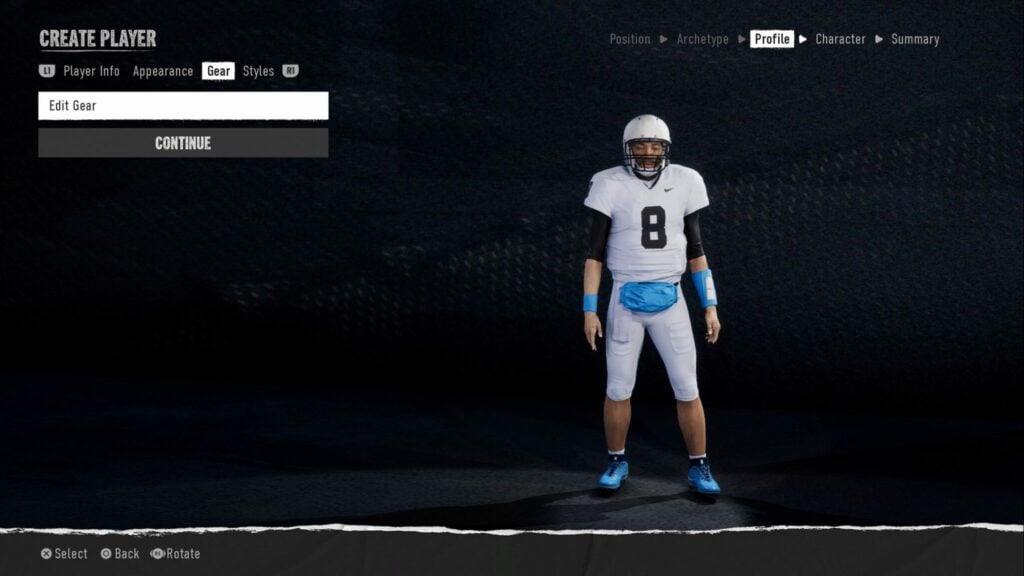 The gear section of the create a player area in College Football 25's Road to Glory.