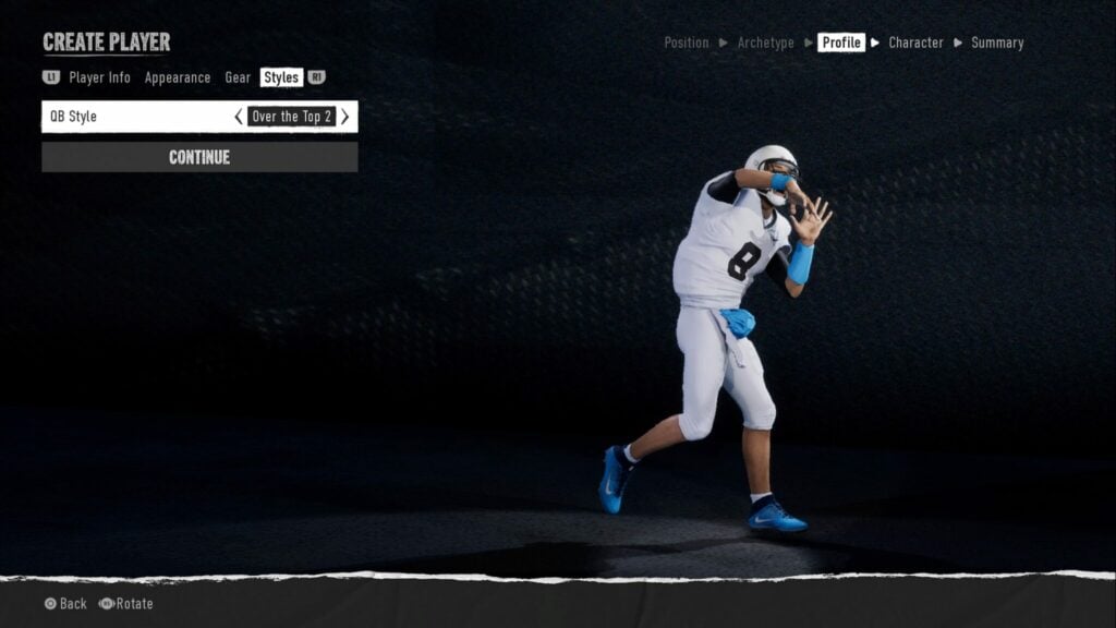 The styles section of the create a player area in College Football 25's Road to Glory.