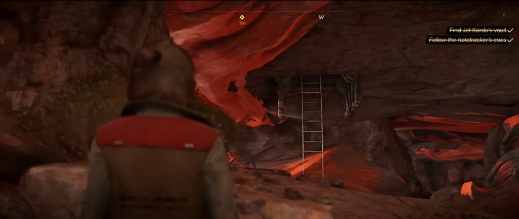 A ladder hangs down from an opened vault.