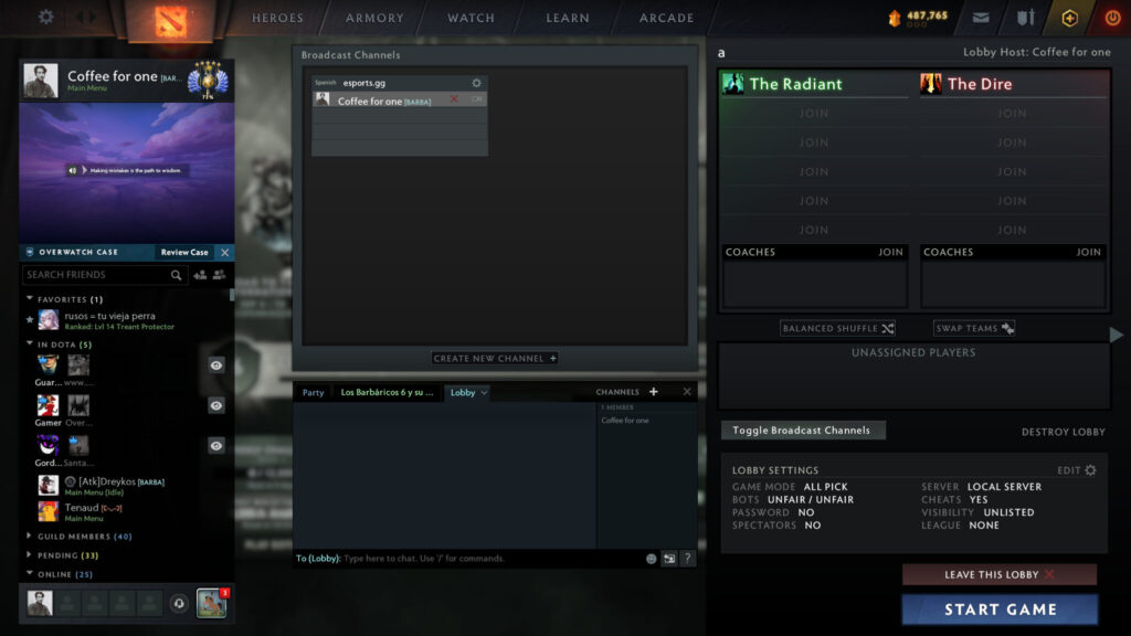 A picture of a Dota 2 lobby.