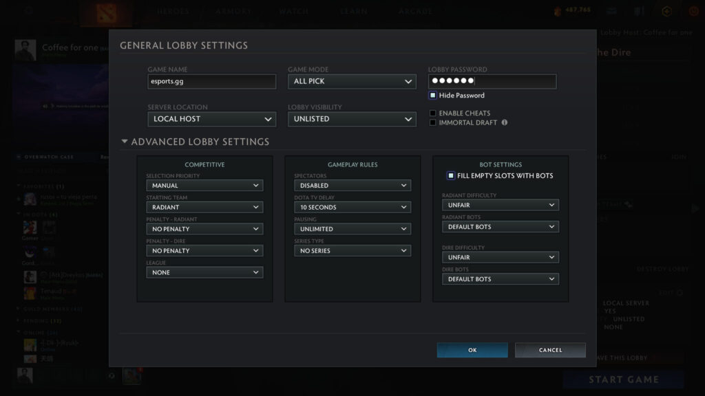 General Dota 2 lobby settings you can modify after you've created one.