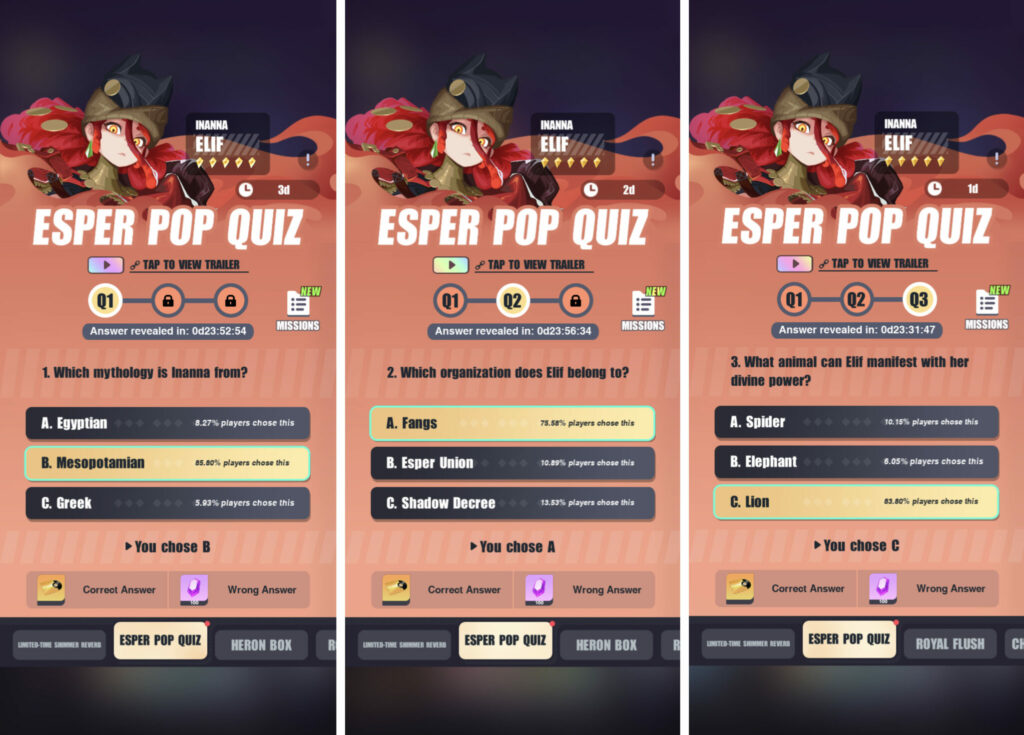 Dislyte Elif Inanna Esper Pop Quiz answers