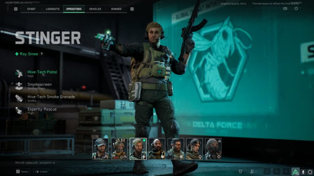 Stinger and his Operator abilities in Delta Force: Hawk Ops.