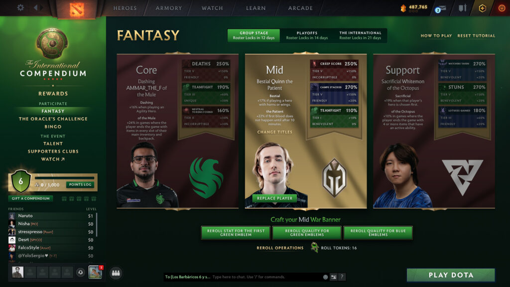 The International 2024 Fantasy UI, showing your three chosen players