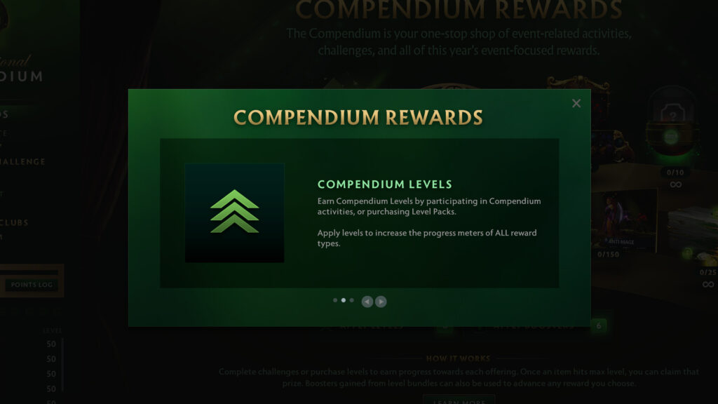 Ti 2024 Rewards levels: Every level you get through the Compendium activities will boost the progress bar for all the rewards