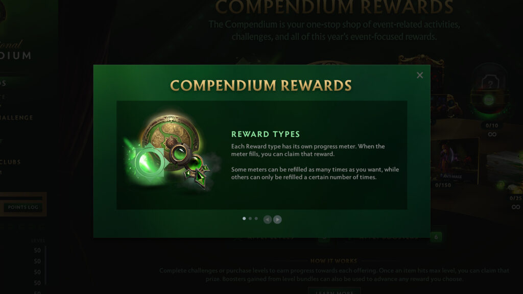 TI 2024 rewards types: some have infinite leveling up possibilities, others have a max progress bar