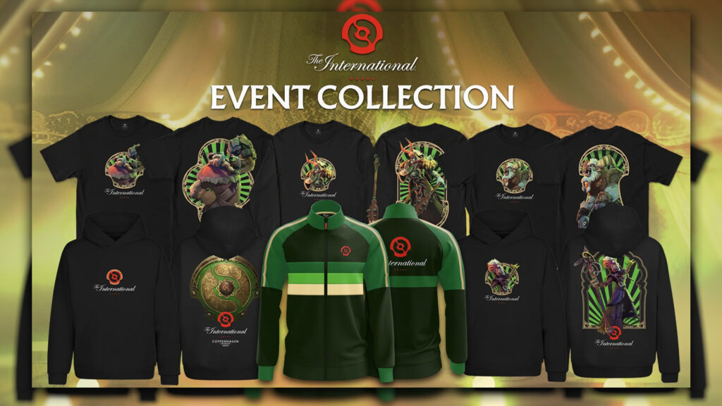 The International 2024 merch collection, including jerseys, tees, hoodies, and the fan favorite TI jacket