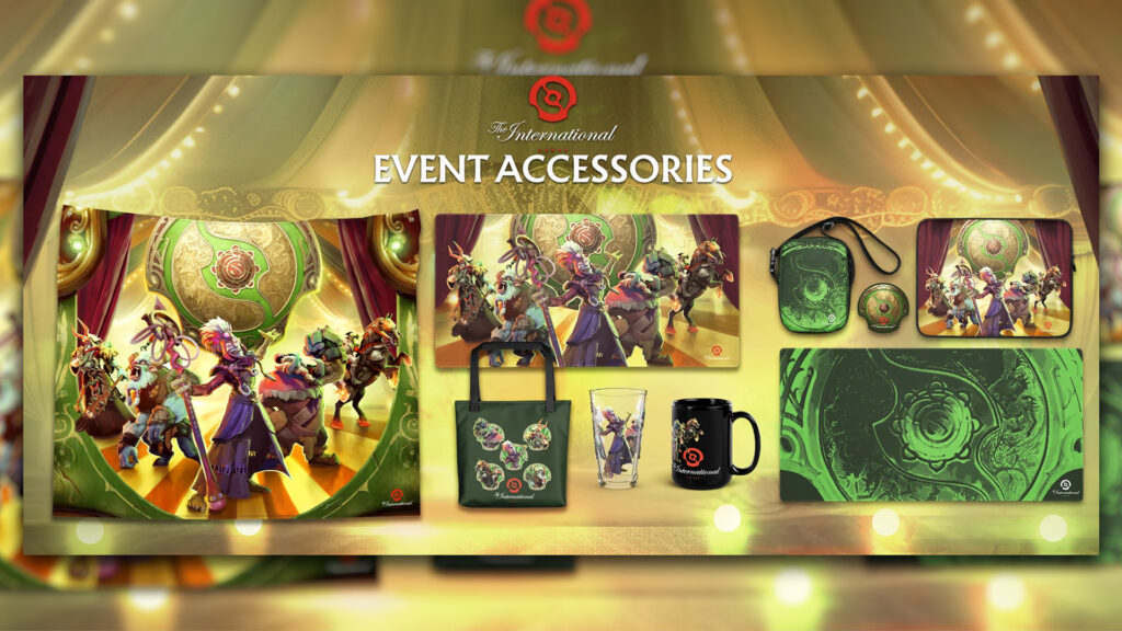 The International 2024 merch accesories, including mouse pads, bags, mugs, and more