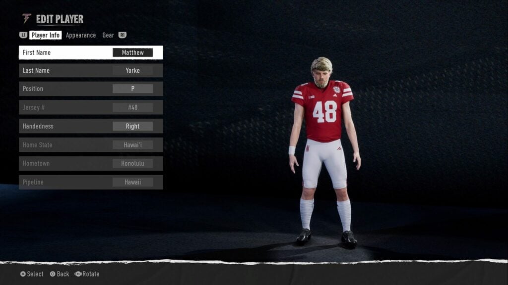 Customizing, or creating, the Team Builder team's punter in College Football 25.