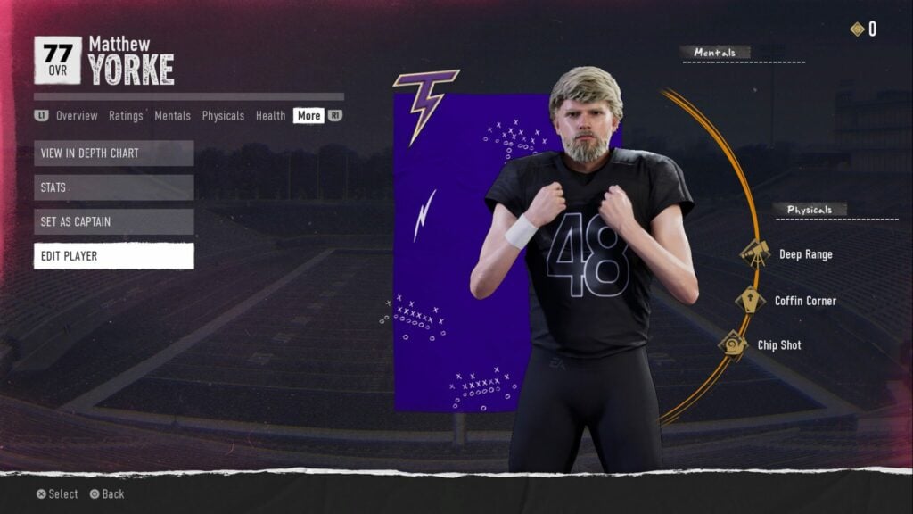 The Team Builder team's punter, with the option to edit the player.