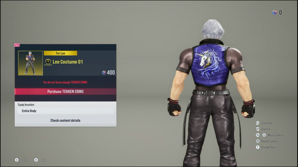 A screenshot from the fighting game TEKKEN 8 featuring the classic costume of Lee in the Shop