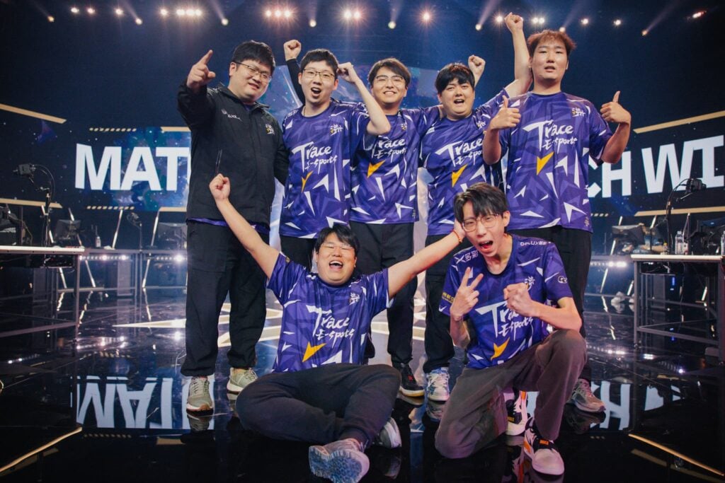 race Esports are seen on stage after victory against Leviatán at VALORANT Champions Seoul Group Stage at the COEX Shinhan Card Artium on August 07, 2024 in Seoul, Korea. 