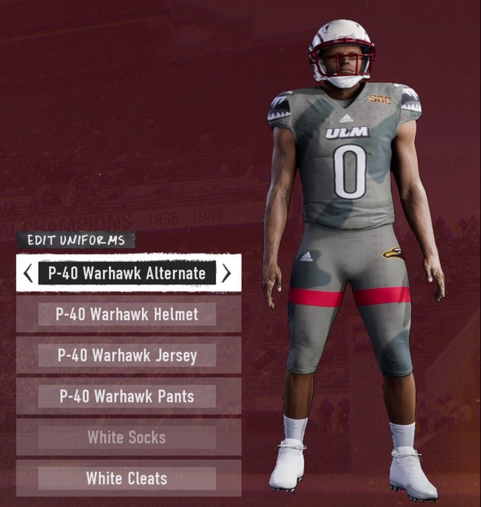 UL Monroe Warhawks P-40 Alternate Warhawk Alternate Uniform in College Football 25.