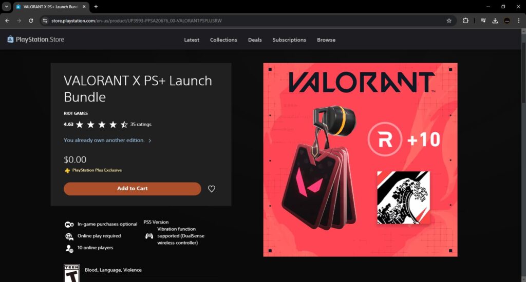 The VALORANT x PS Plus launch bundle on a web browser.