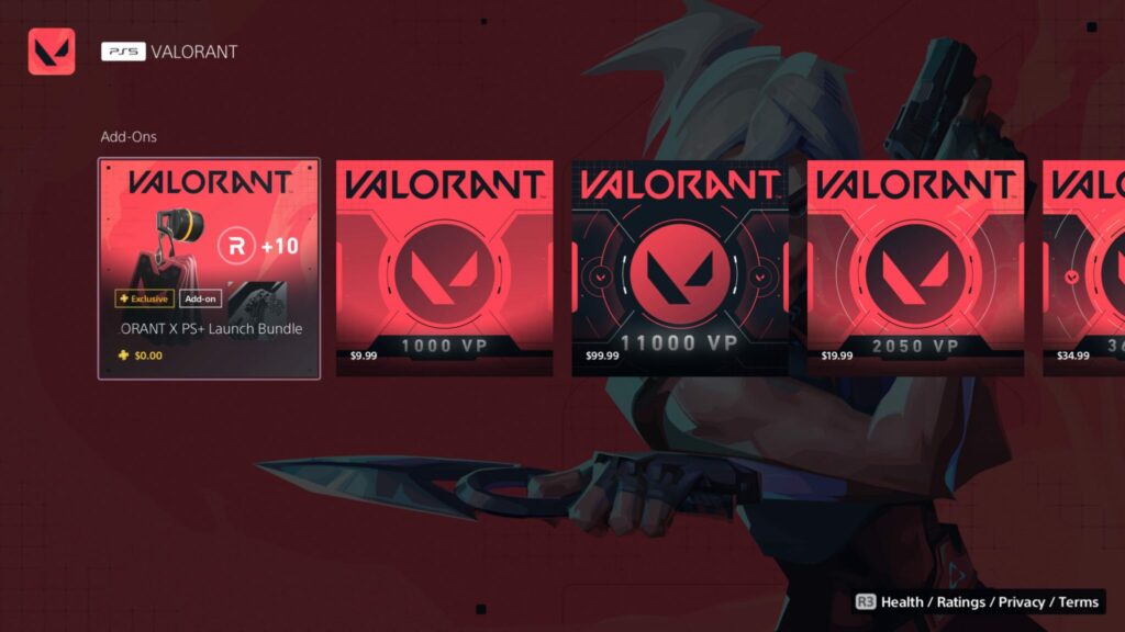 The VALORANT x PS Plus launch bundle add-on on PS5.