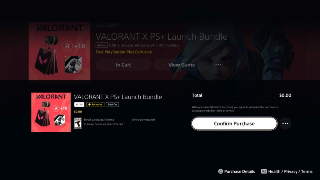 The VALORANT x PS Plus launch bundle confirm purchase screen on PS5.