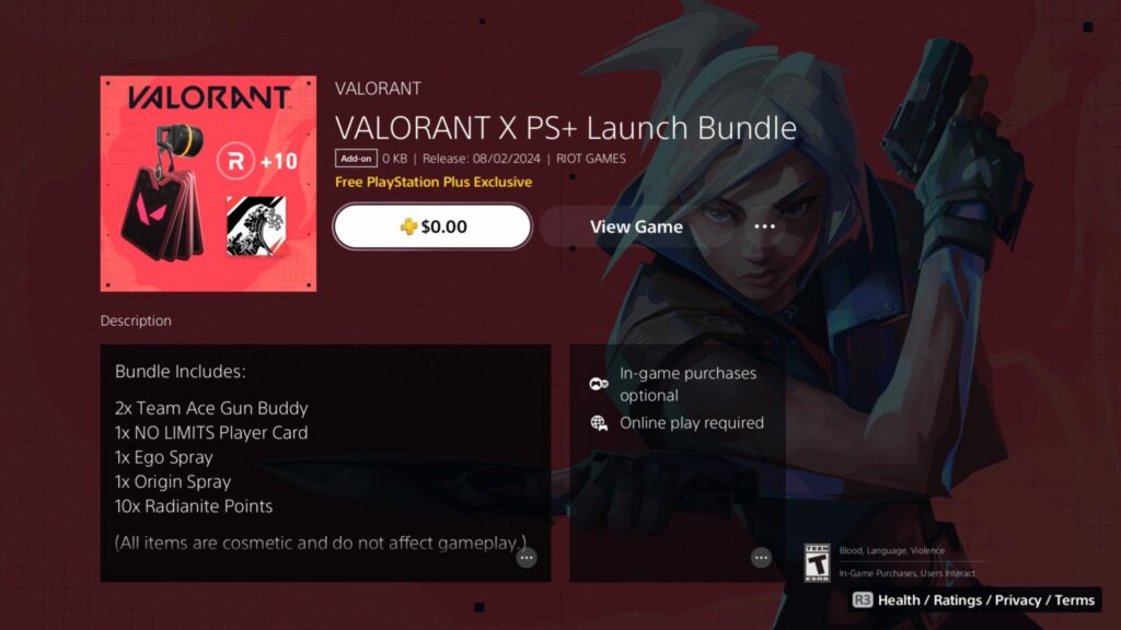 The VALORANT x PS Plus launch bundle purchase page on PS5.