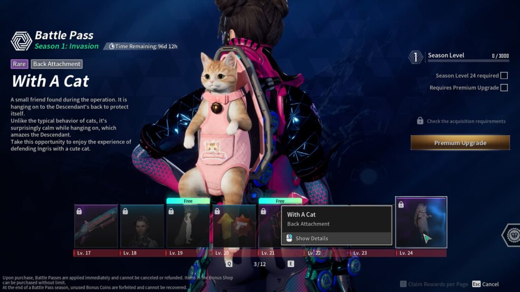 The With A Cat Back Attachment from The First Descendant Season 1 Battle Pass.