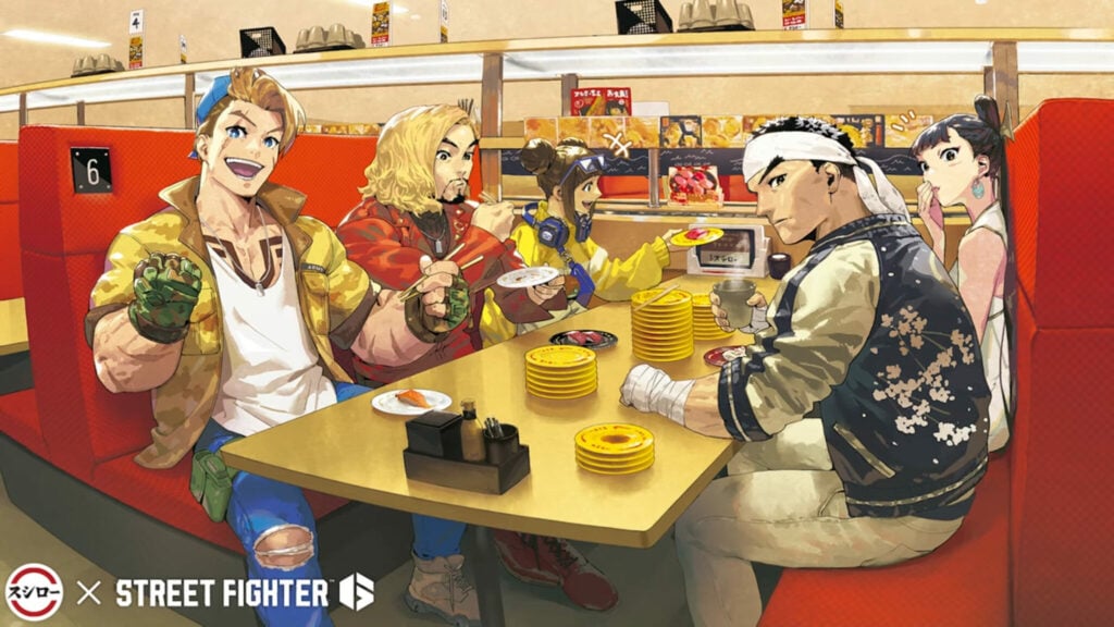 Artwork of Luke, Ken, Li-Fen, Chun-Li, and Ryu in the Street Fighter 6 and Sushiro collaboration